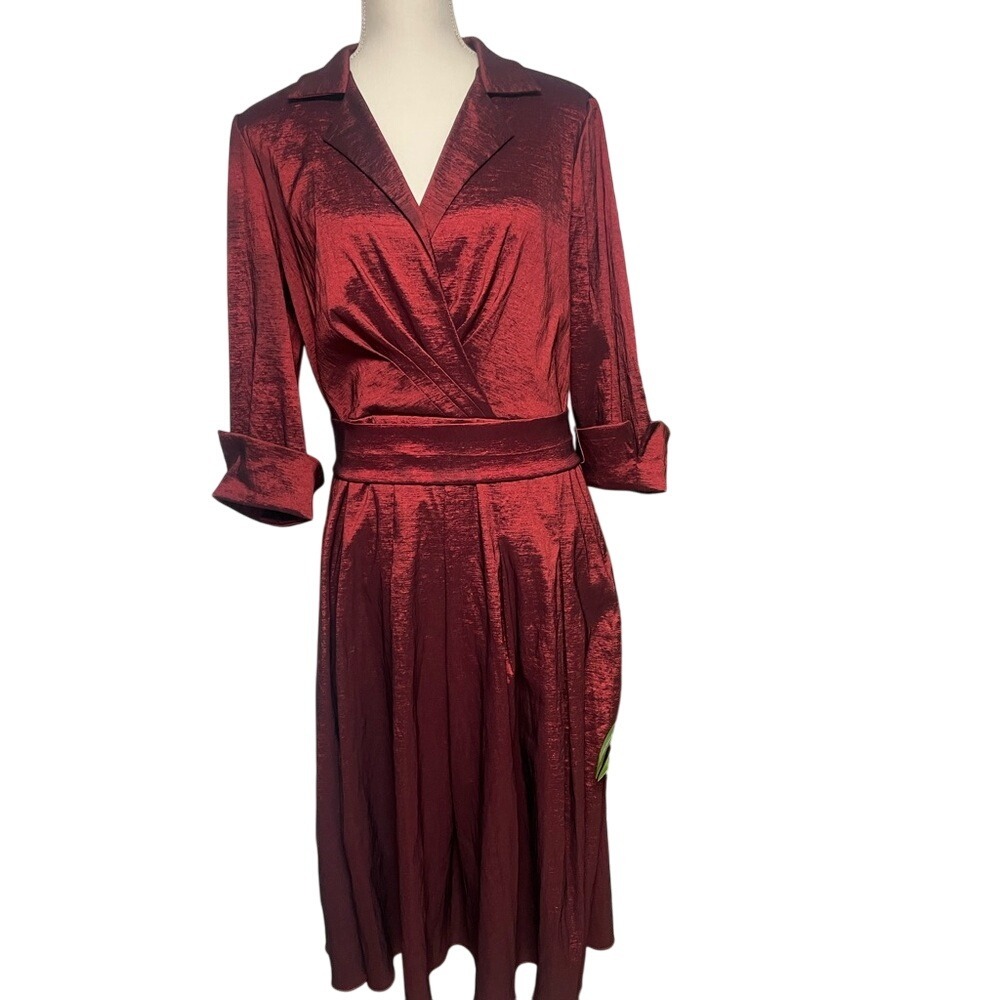 Willow Glen Wine Red Fit‎ and Flare Surplice Neckline Belted Dress Size 12